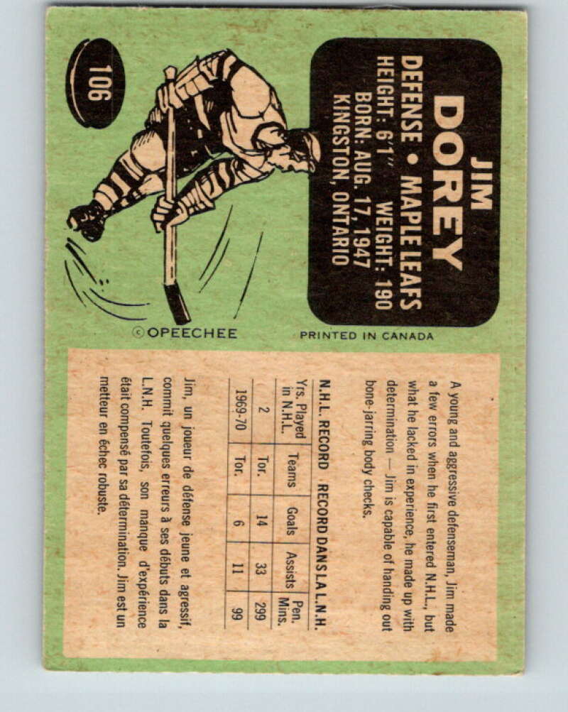 1970-71 O-Pee-Chee #106 Jim Dorey  Toronto Maple Leafs  V2650