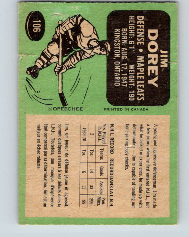 1970-71 O-Pee-Chee #106 Jim Dorey  Toronto Maple Leafs  V2651