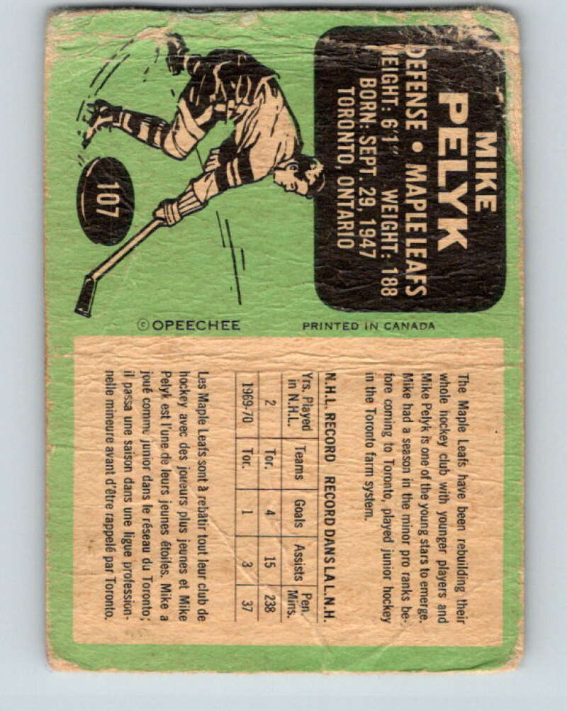 1970-71 O-Pee-Chee #107 Mike Pelyk  RC Rookie Toronto Maple Leafs  V2653