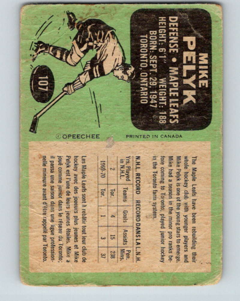 1970-71 O-Pee-Chee #107 Mike Pelyk  RC Rookie Toronto Maple Leafs  V2655