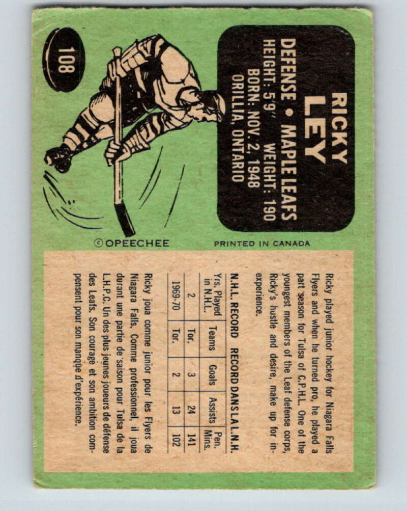 1970-71 O-Pee-Chee #108 Rick Ley  Toronto Maple Leafs  V2656