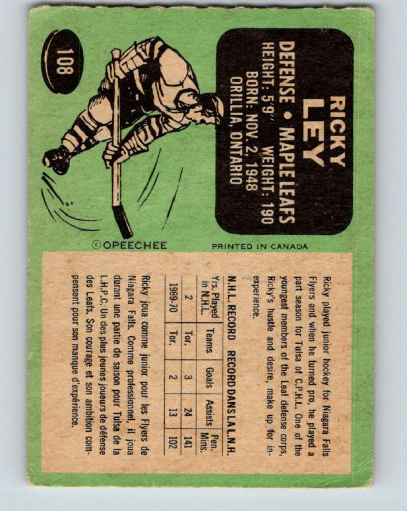 1970-71 O-Pee-Chee #108 Rick Ley  Toronto Maple Leafs  V2658