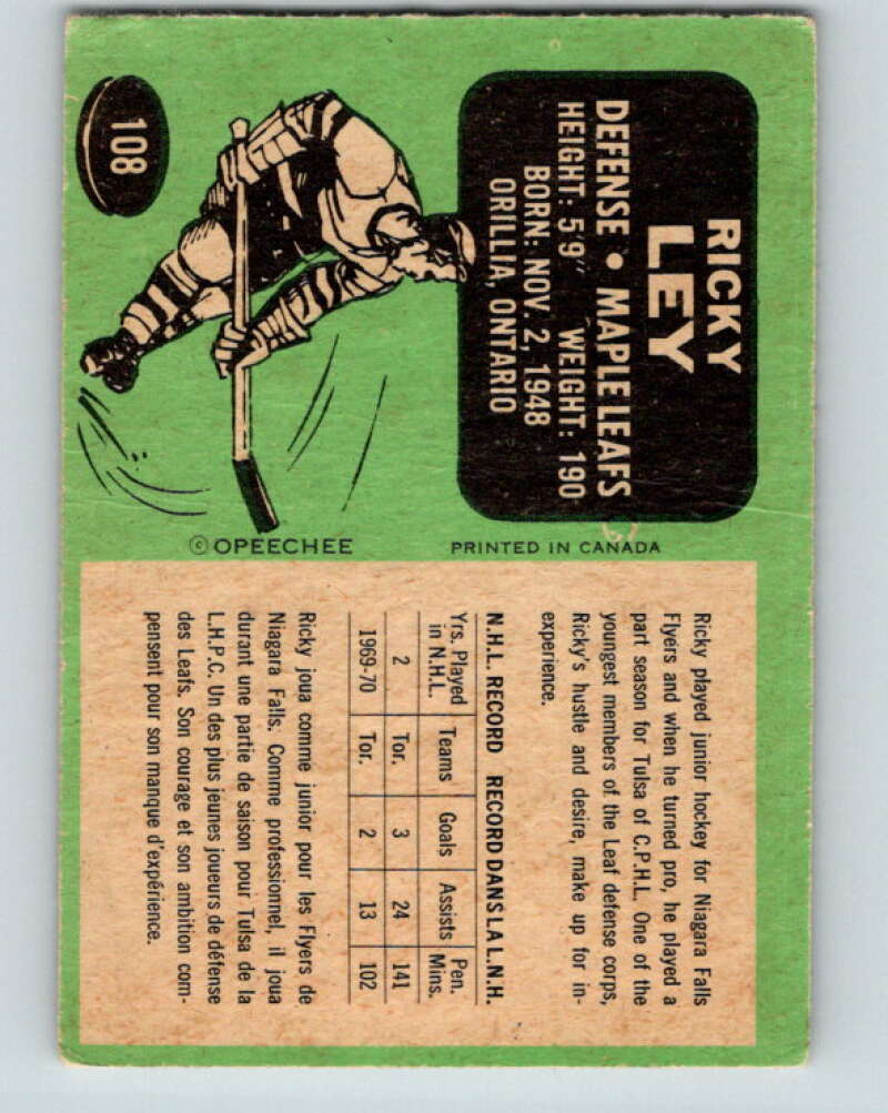 1970-71 O-Pee-Chee #108 Rick Ley  Toronto Maple Leafs  V2659