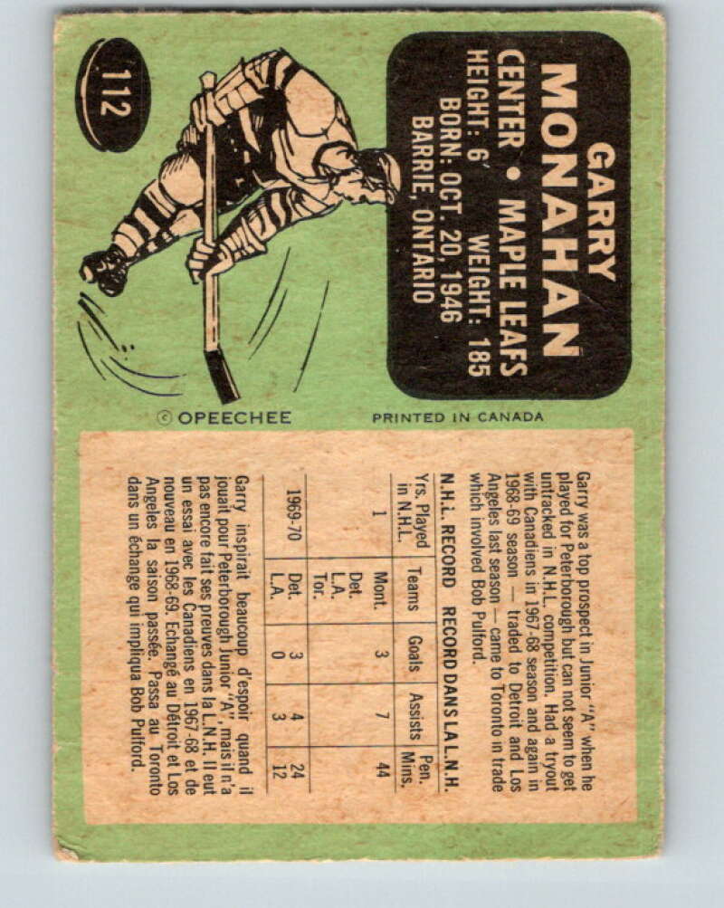 1970-71 O-Pee-Chee #112 Garry Monahan  Toronto Maple Leafs  V2665