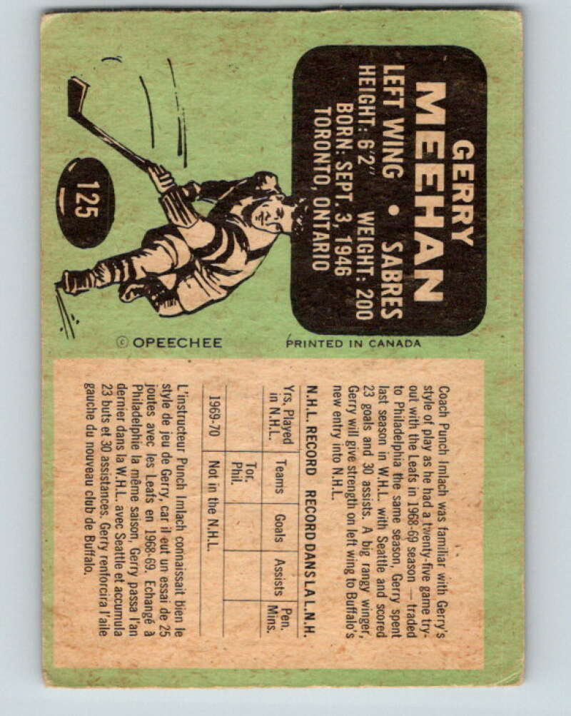 1970-71 O-Pee-Chee #125 Gerry Meehan  RC Rookie Buffalo Sabres  V2691