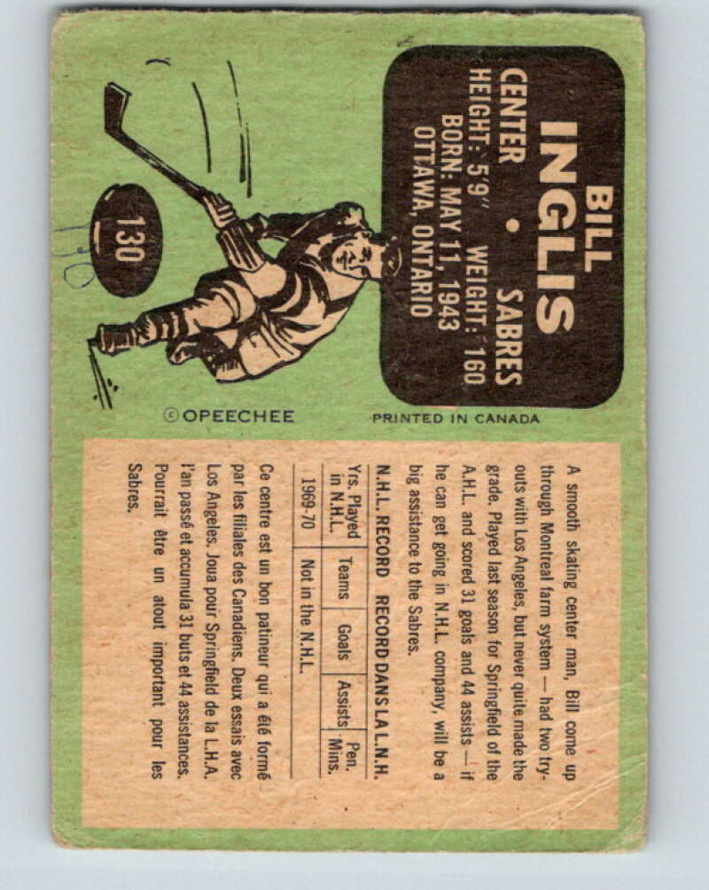 1970-71 O-Pee-Chee #130 Bill Inglis  RC Rookie Buffalo Sabres  V2700