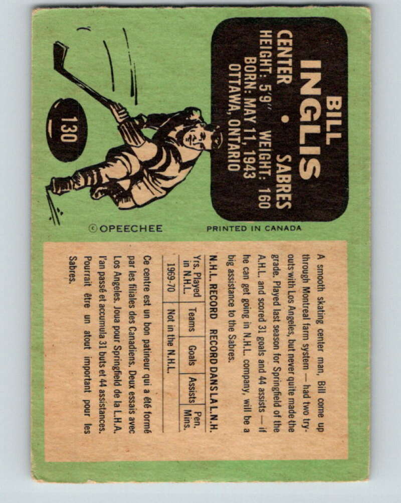 1970-71 O-Pee-Chee #130 Bill Inglis  RC Rookie Buffalo Sabres  V2702