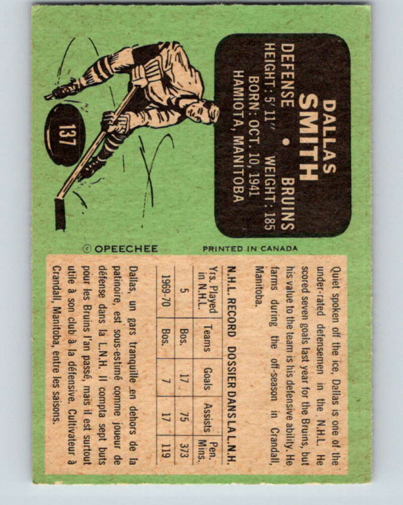 1970-71 O-Pee-Chee #137 Dallas Smith  Boston Bruins  V2721