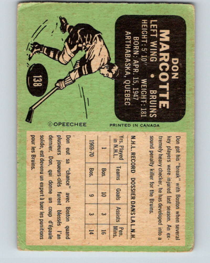 1970-71 O-Pee-Chee #138 Don Marcotte  RC Rookie Boston Bruins  V2727