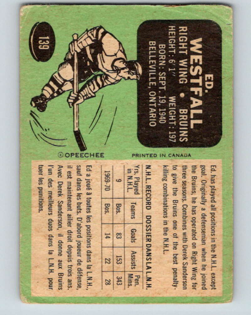 1970-71 O-Pee-Chee #139 Ed Westfall  Boston Bruins  V2728