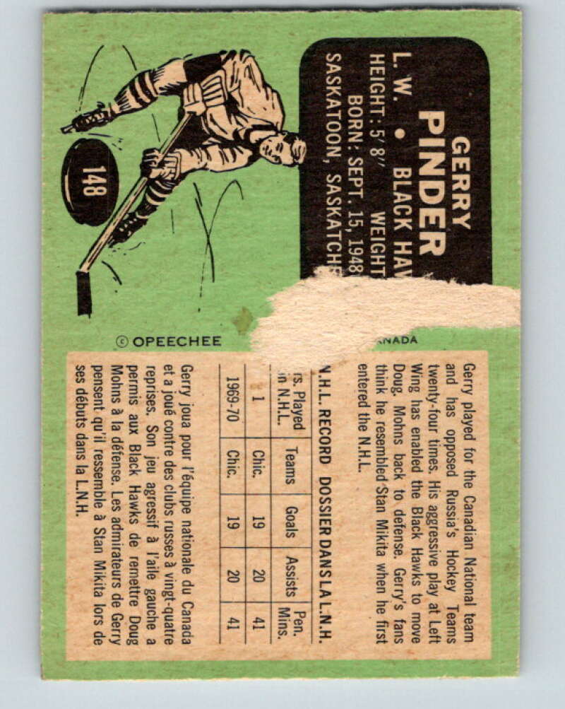 1970-71 O-Pee-Chee #148 Gerry Pinder RC Rookie Blackhawks  V2758