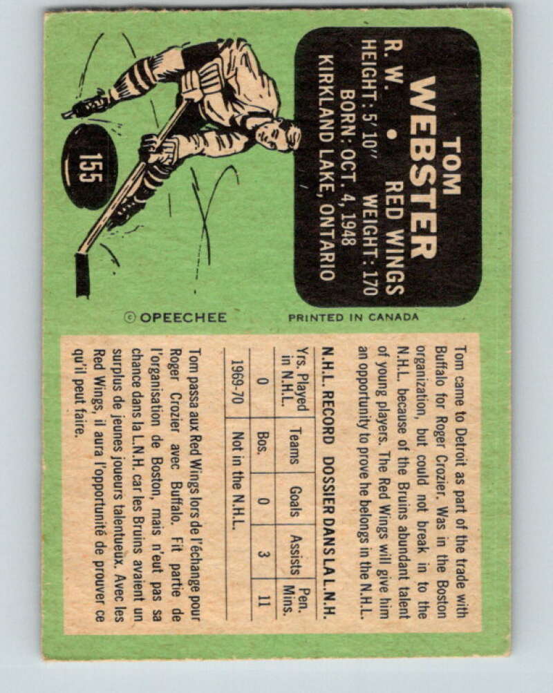 1970-71 O-Pee-Chee #155 Tom Webster  RC Rookie Detroit Red Wings  V2779