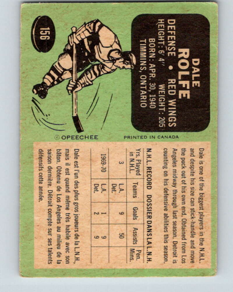 1970-71 O-Pee-Chee #156 Dale Rolfe  Detroit Red Wings  V2782