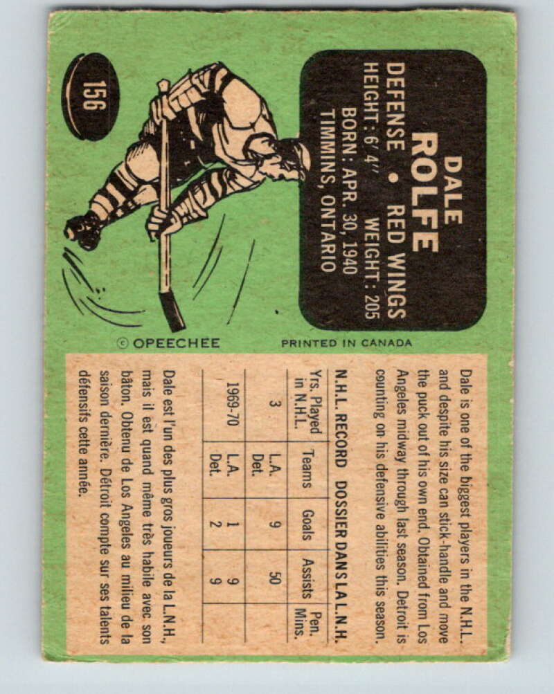 1970-71 O-Pee-Chee #156 Dale Rolfe  Detroit Red Wings  V2783