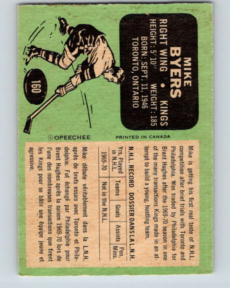 1970-71 O-Pee-Chee #160 Mike Byers  RC Rookie Los Angeles Kings  V2796