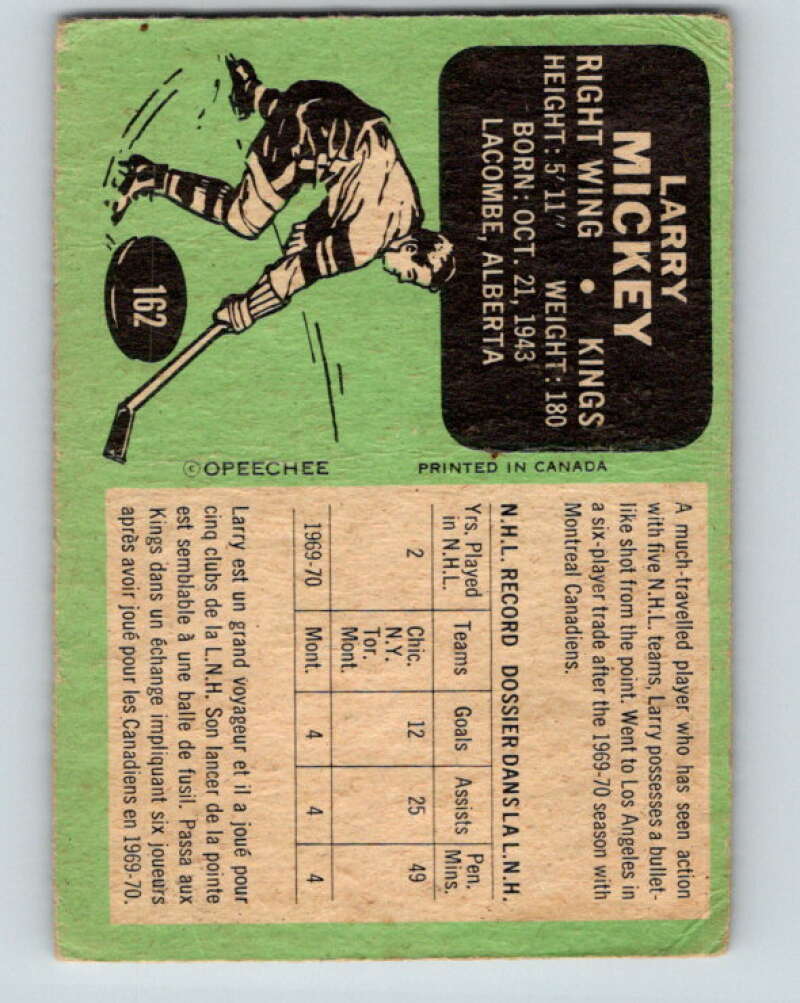 1970-71 O-Pee-Chee #162 Larry Mickey  Los Angeles Kings  V2808