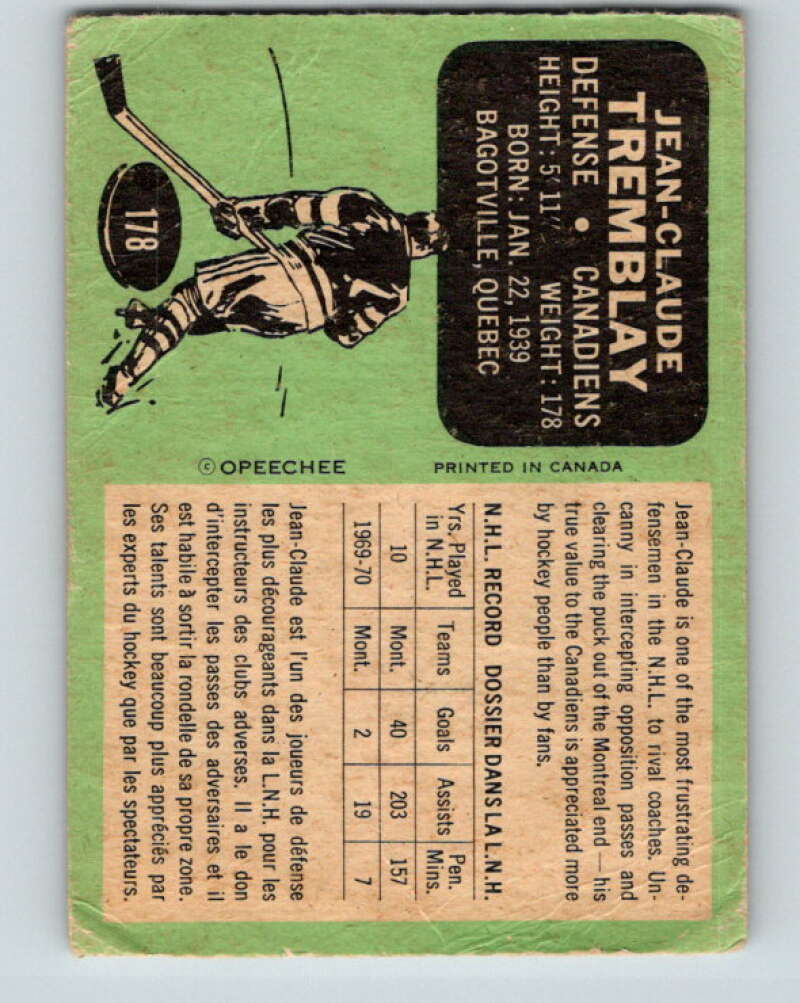 1970-71 O-Pee-Chee #178 J.C. Tremblay  Montreal Canadiens  V2863