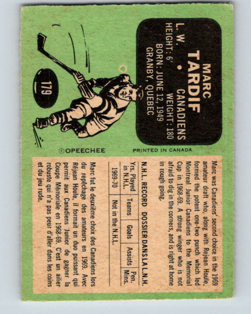 1970-71 O-Pee-Chee #179 Marc Tardif  RC Rookie Montreal Canadiens  V2865