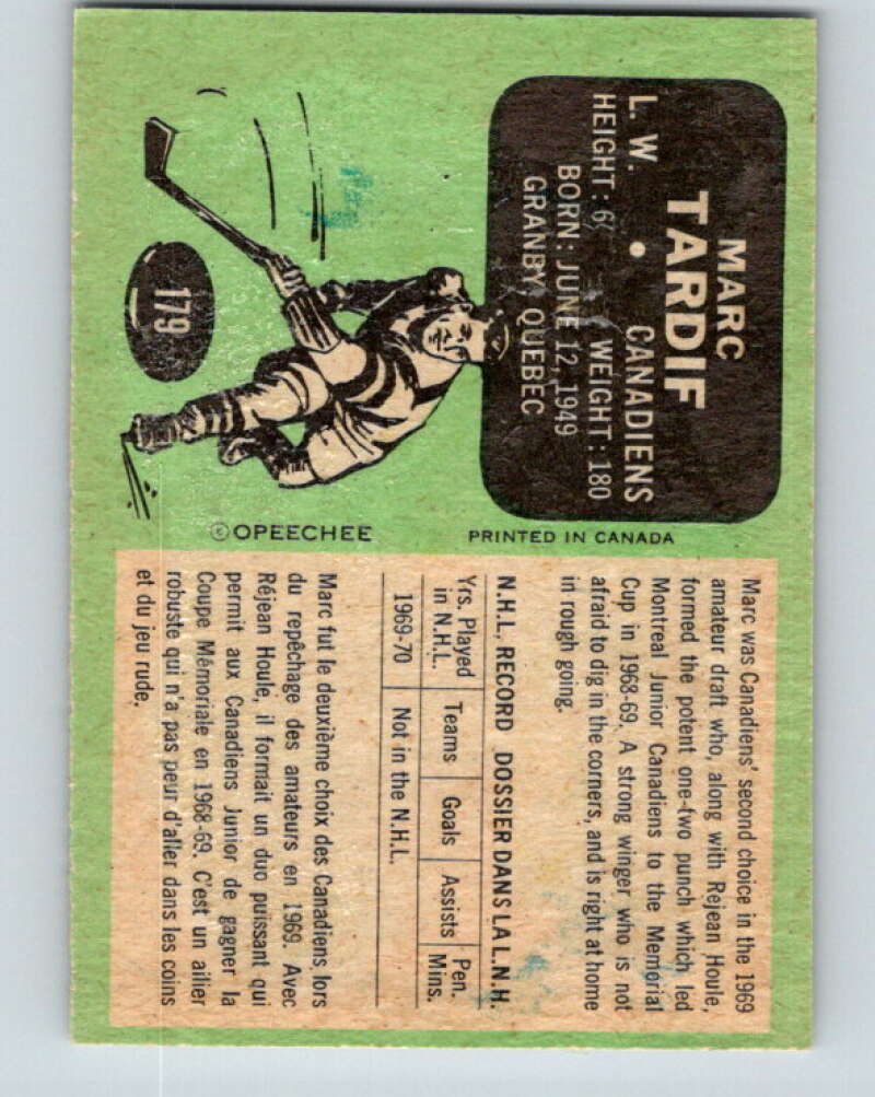 1970-71 O-Pee-Chee #179 Marc Tardif  RC Rookie Montreal Canadiens  V2866