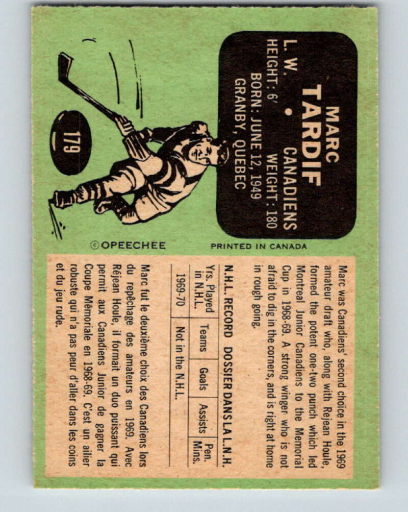 1970-71 O-Pee-Chee #179 Marc Tardif  RC Rookie Montreal Canadiens  V2868