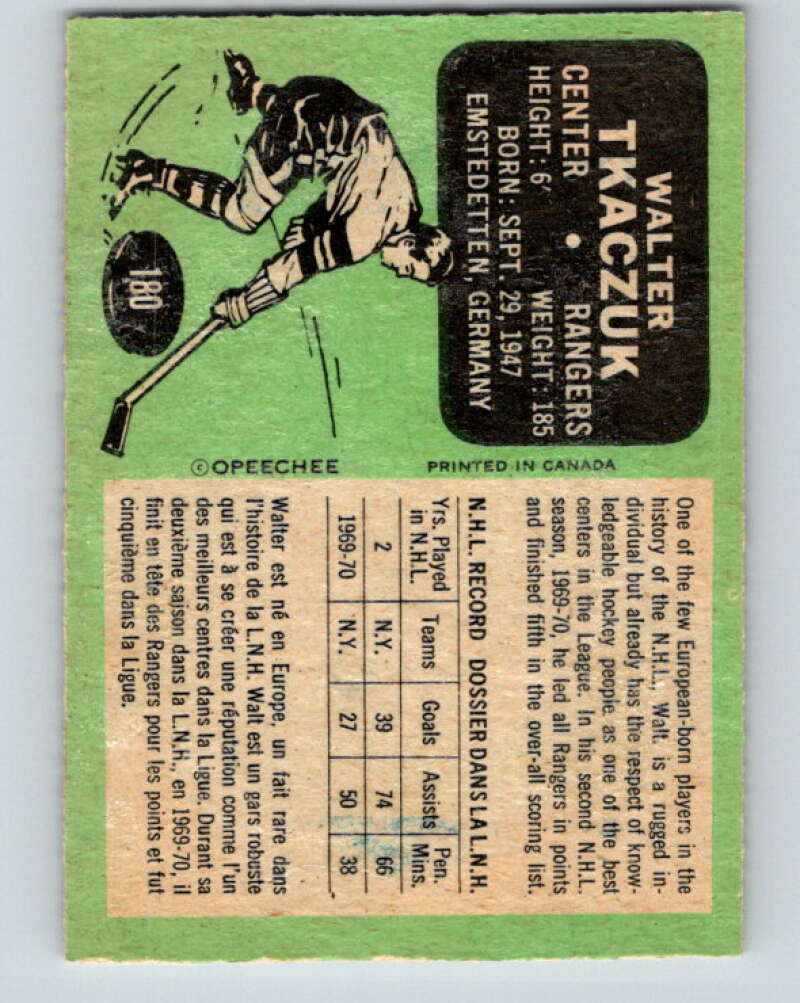 1970-71 O-Pee-Chee #180 Walt Tkaczuk  New York Rangers  V2869