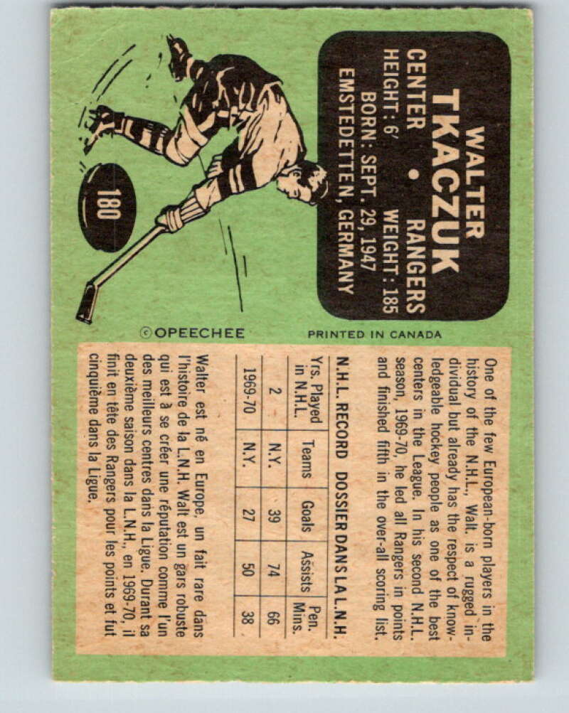 1970-71 O-Pee-Chee #180 Walt Tkaczuk  New York Rangers  V2870