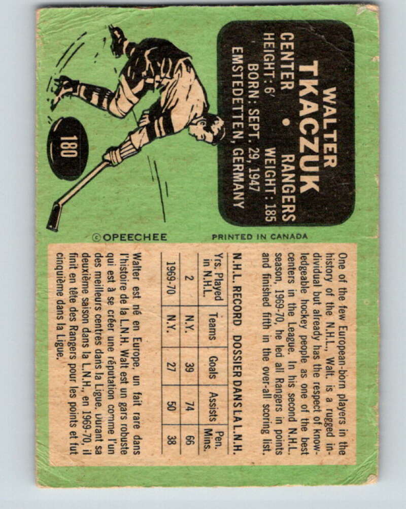 1970-71 O-Pee-Chee #180 Walt Tkaczuk  New York Rangers  V2871