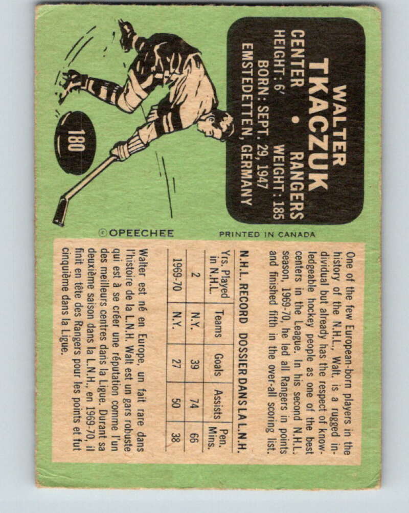 1970-71 O-Pee-Chee #180 Walt Tkaczuk  New York Rangers  V2872