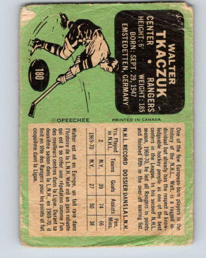 1970-71 O-Pee-Chee #180 Walt Tkaczuk  New York Rangers  V2873