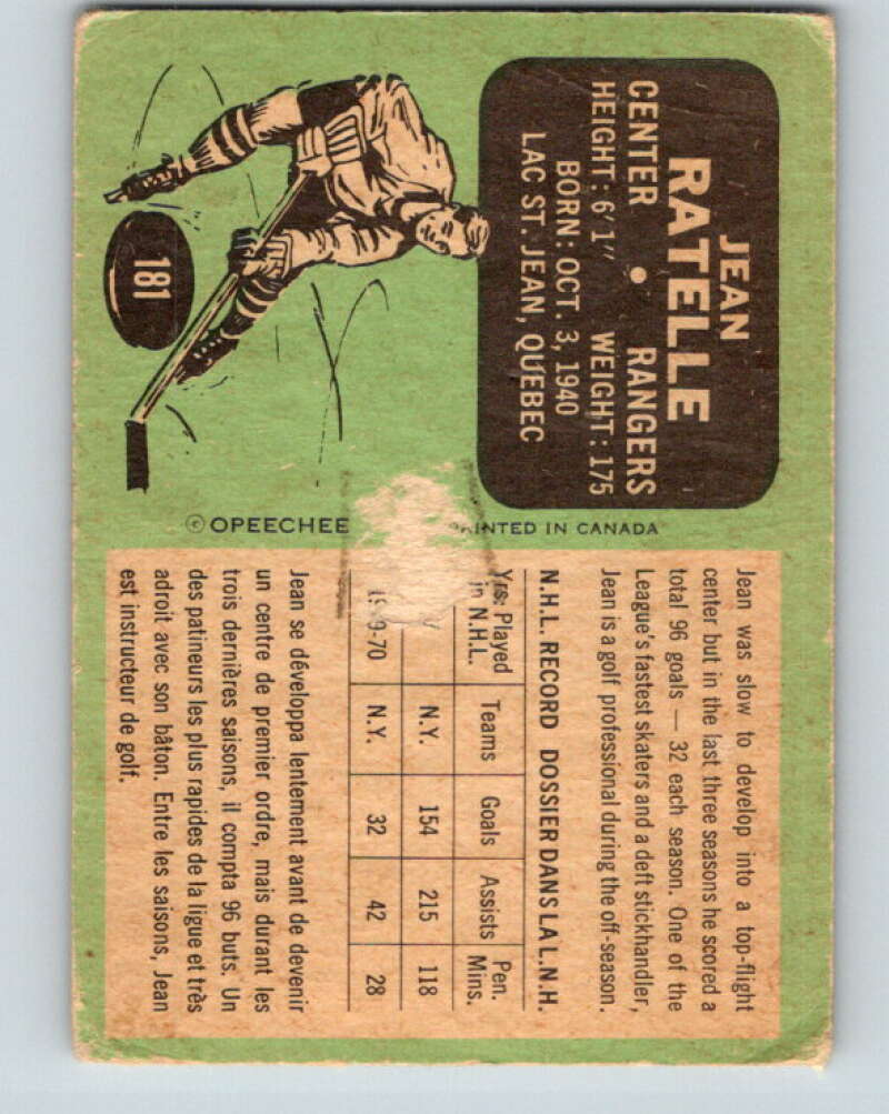 1970-71 O-Pee-Chee #181 Jean Ratelle  New York Rangers  V2877