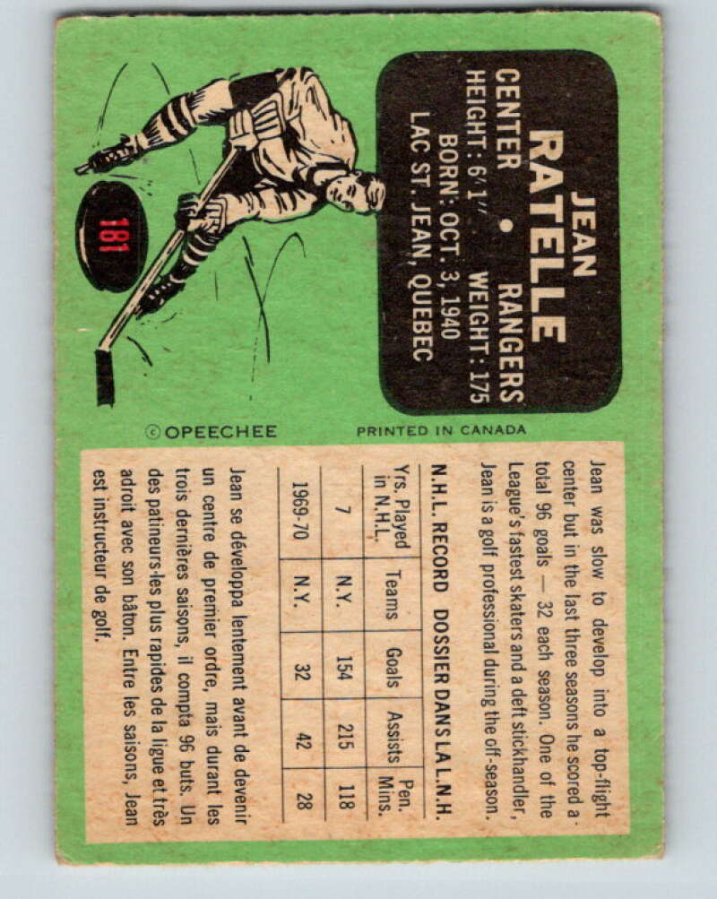 1970-71 O-Pee-Chee #181 Jean Ratelle  New York Rangers  V2878