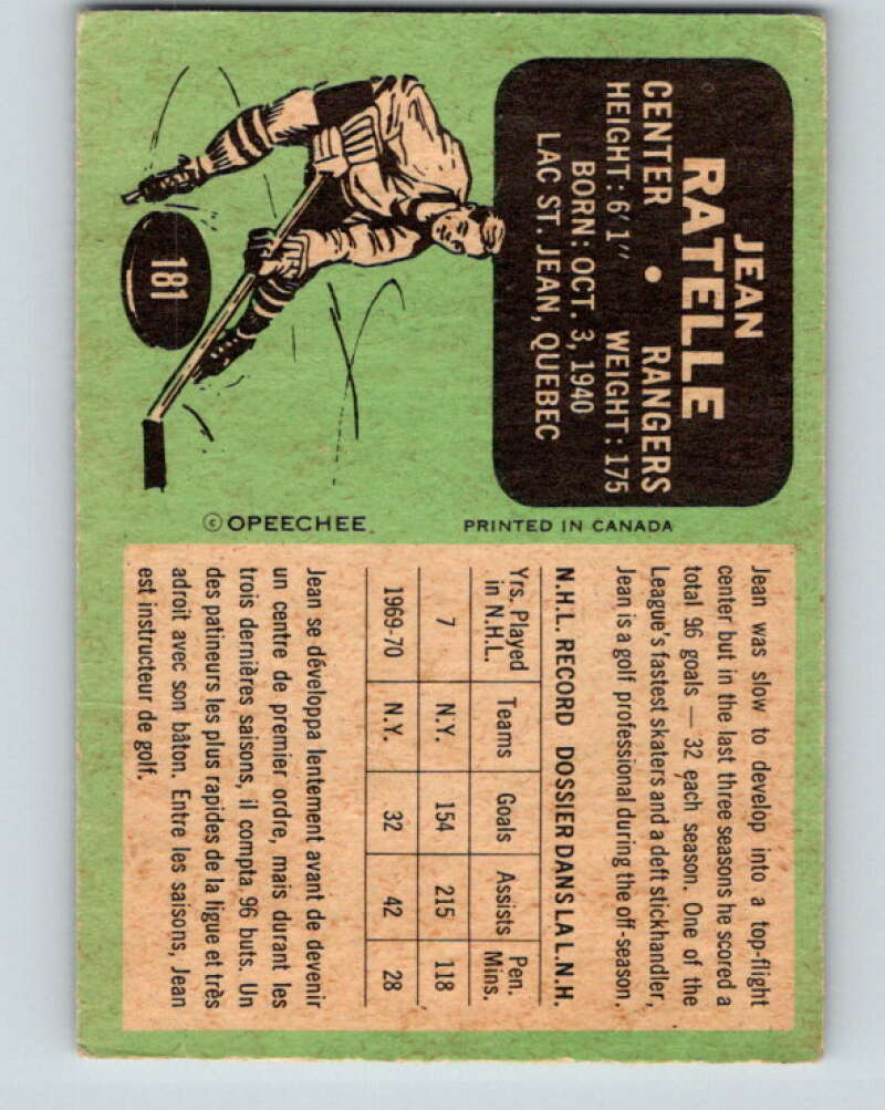 1970-71 O-Pee-Chee #181 Jean Ratelle  New York Rangers  V2879