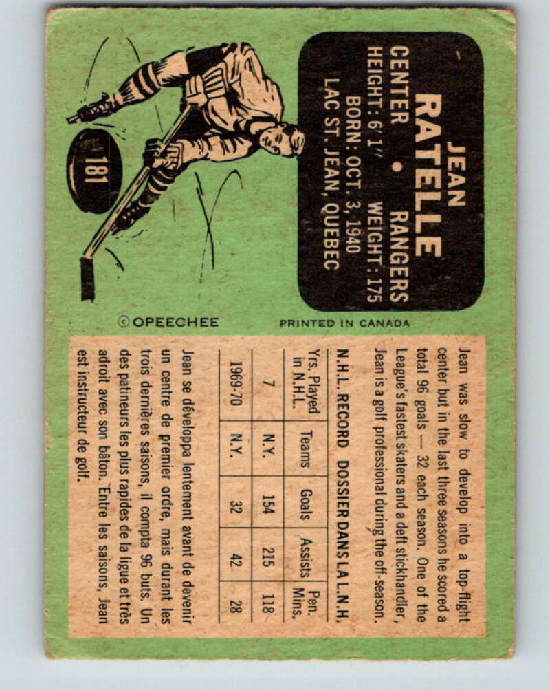 1970-71 O-Pee-Chee #181 Jean Ratelle  New York Rangers  V2880