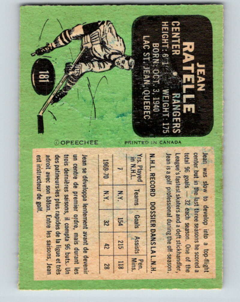 1970-71 O-Pee-Chee #181 Jean Ratelle  New York Rangers  V2881