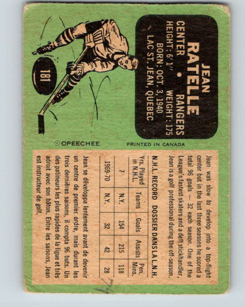 1970-71 O-Pee-Chee #181 Jean Ratelle  New York Rangers  V2883