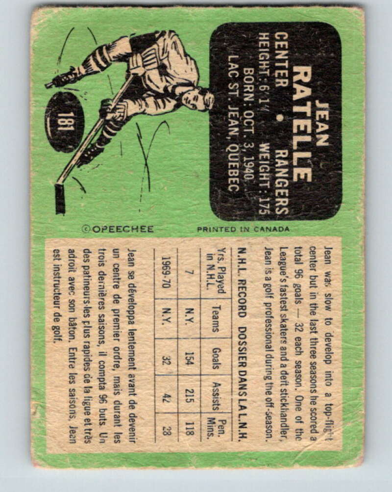 1970-71 O-Pee-Chee #182 Pete Stemkowski  New York Rangers  V2884