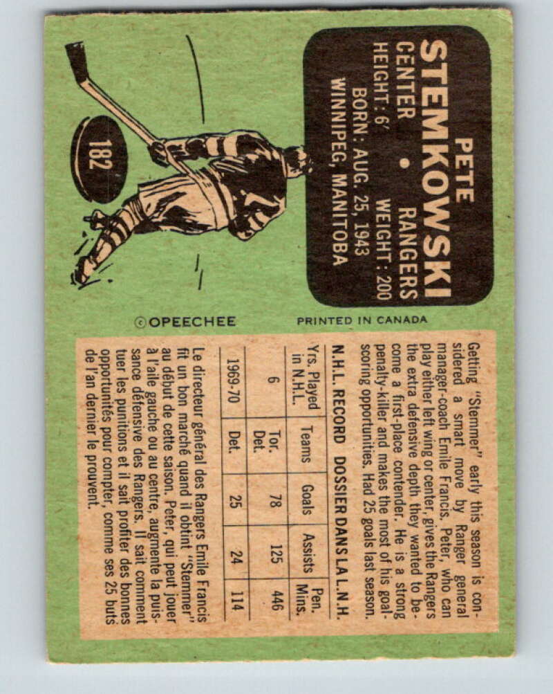 1970-71 O-Pee-Chee #182 Pete Stemkowski  New York Rangers  V2885