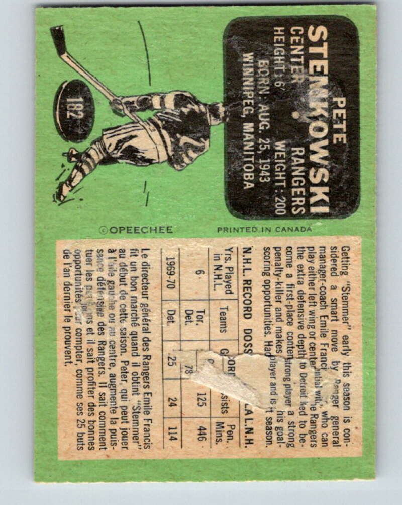 1970-71 O-Pee-Chee #182 Pete Stemkowski  New York Rangers  V2886