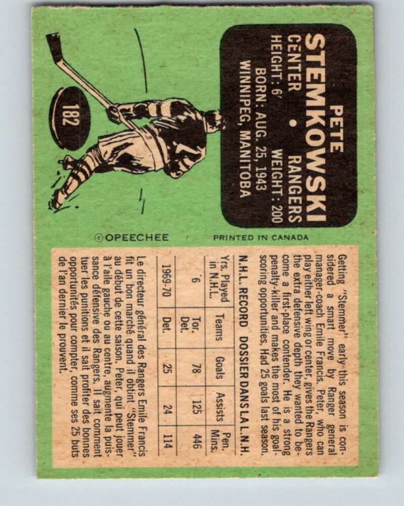 1970-71 O-Pee-Chee #182 Pete Stemkowski  New York Rangers  V2887