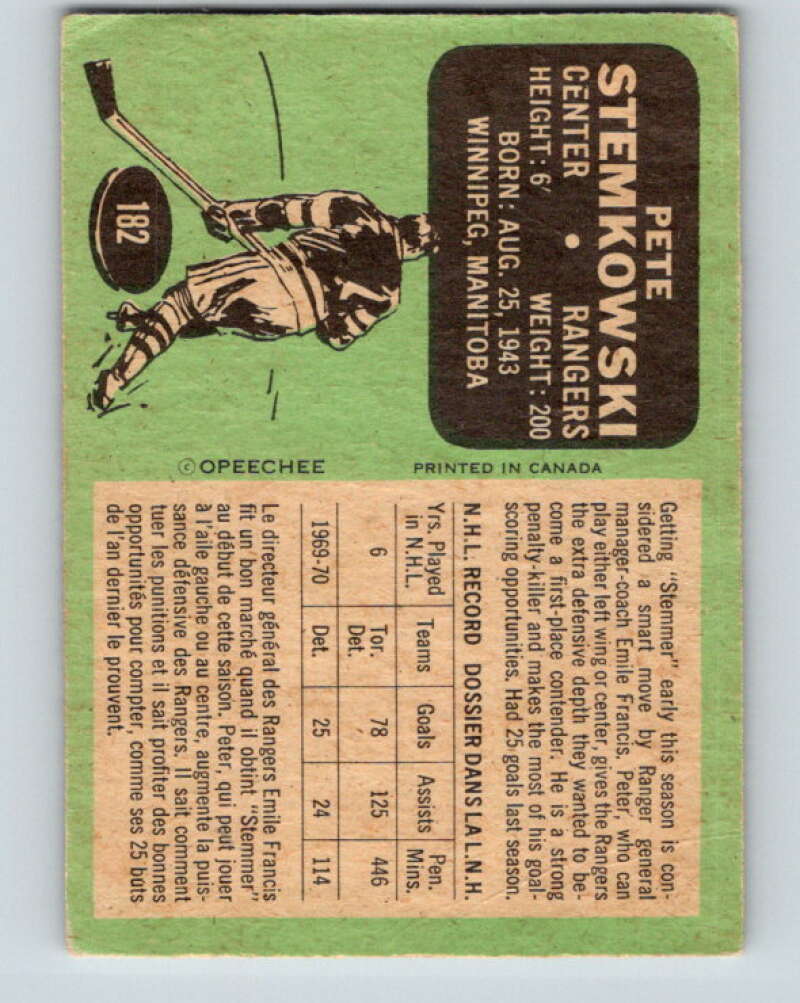 1970-71 O-Pee-Chee #182 Pete Stemkowski  New York Rangers  V2888