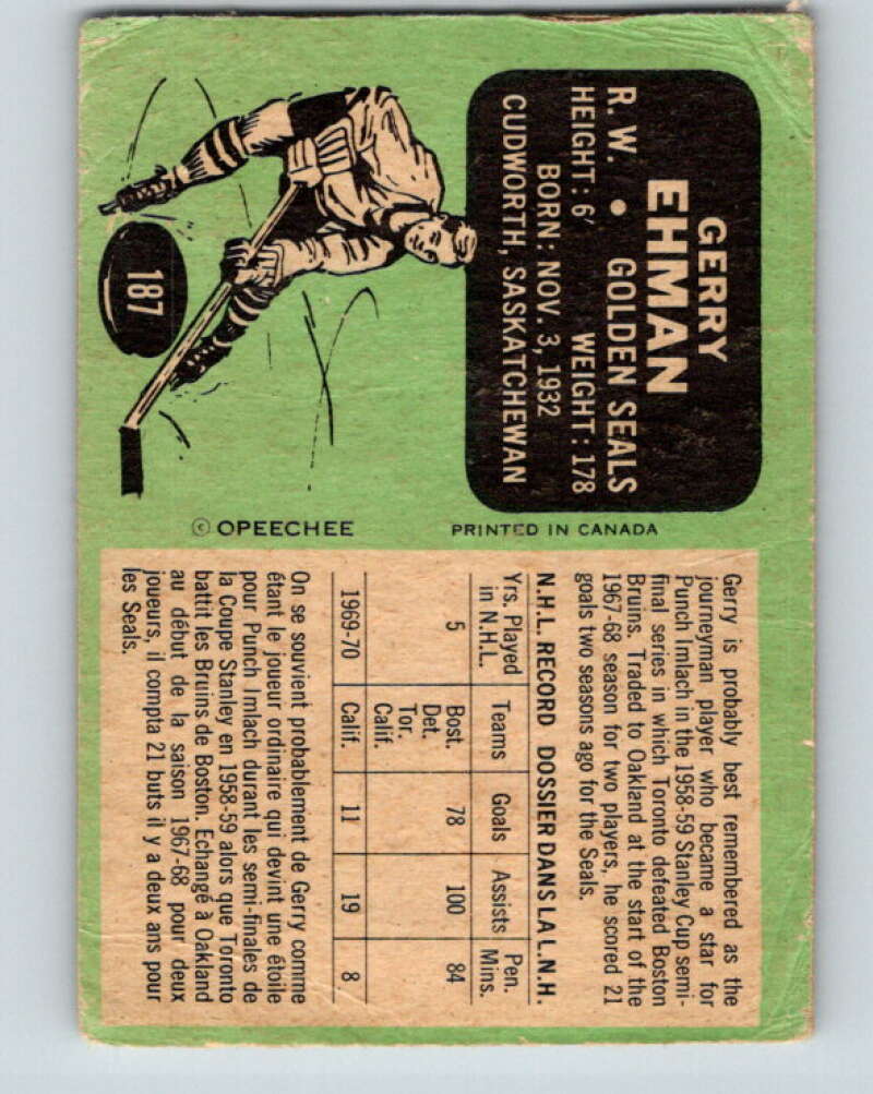 1970-71 O-Pee-Chee #187 Gerry Ehman  California Golden Seals  V2906