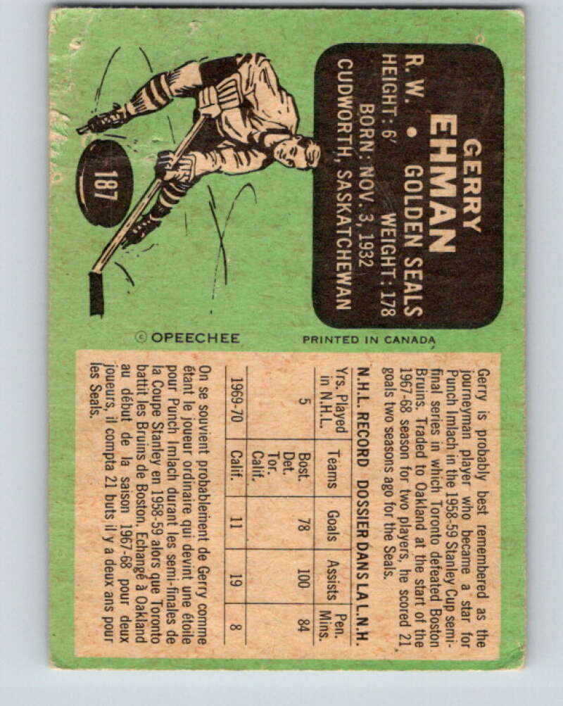 1970-71 O-Pee-Chee #187 Gerry Ehman  California Golden Seals  V2907