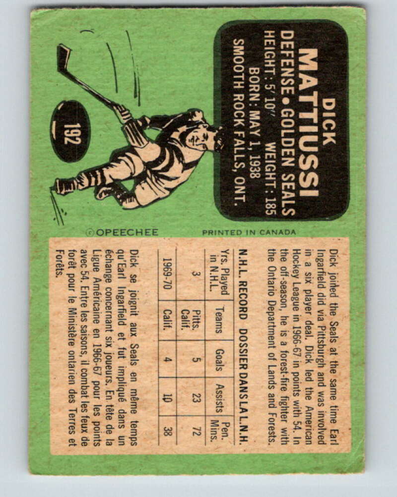 1970-71 O-Pee-Chee #192 Dick Mattiussi  California Golden Seals  V2918