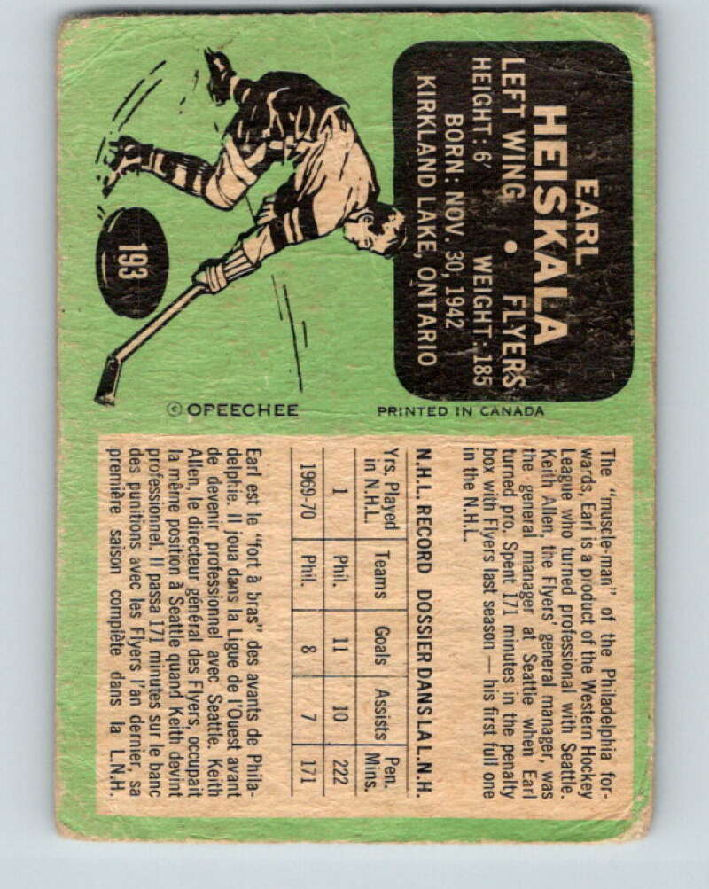 1970-71 O-Pee-Chee #193 Earl Heiskala  Philadelphia Flyers  V2923