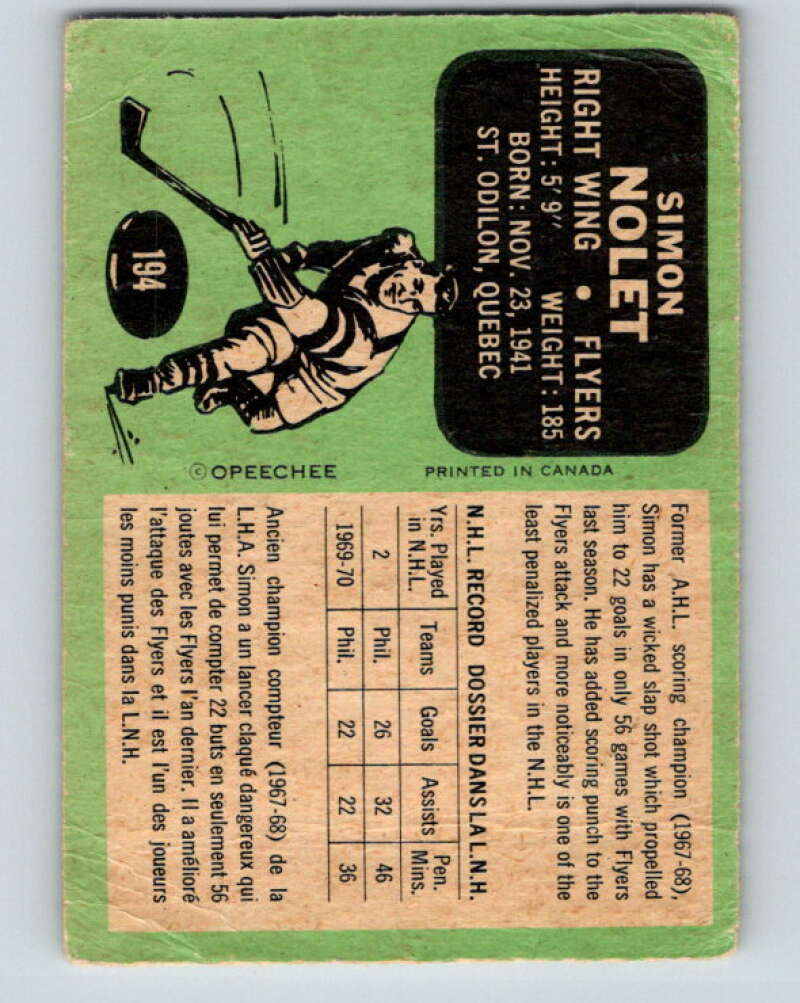 1970-71 O-Pee-Chee #194 Simon Nolet  Philadelphia Flyers  V2925