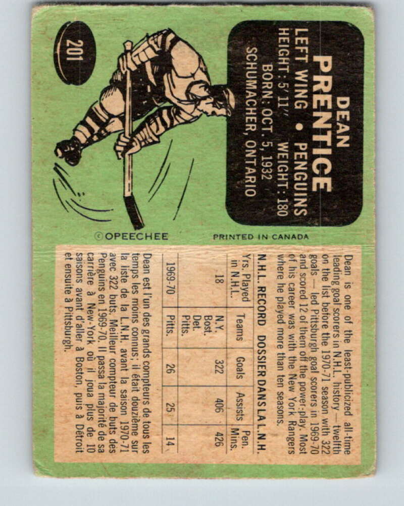 1970-71 O-Pee-Chee #201 Dean Prentice  Pittsburgh Penguins  V2939