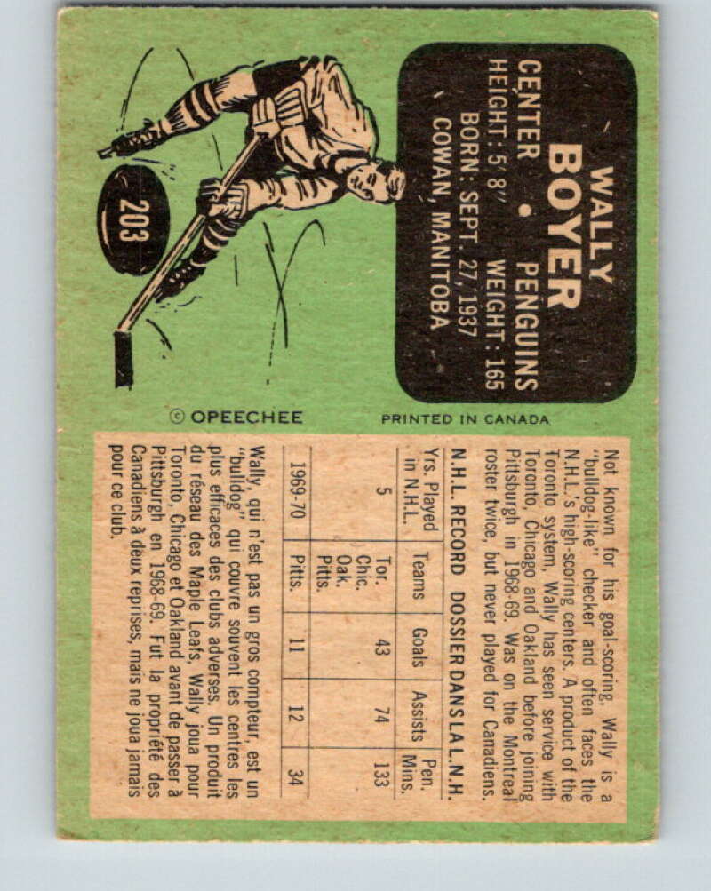 1970-71 O-Pee-Chee #203 Wally Boyer  Pittsburgh Penguins  V2949