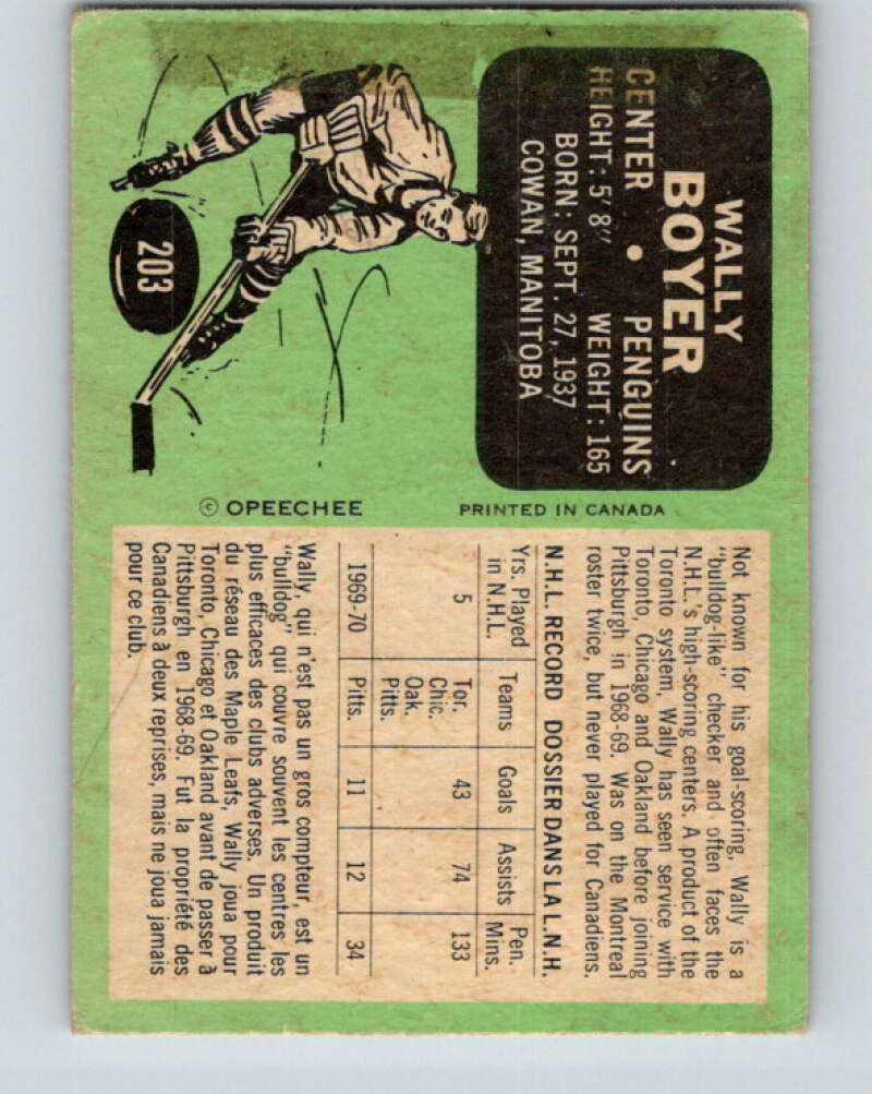 1970-71 O-Pee-Chee #203 Wally Boyer  Pittsburgh Penguins  V2961