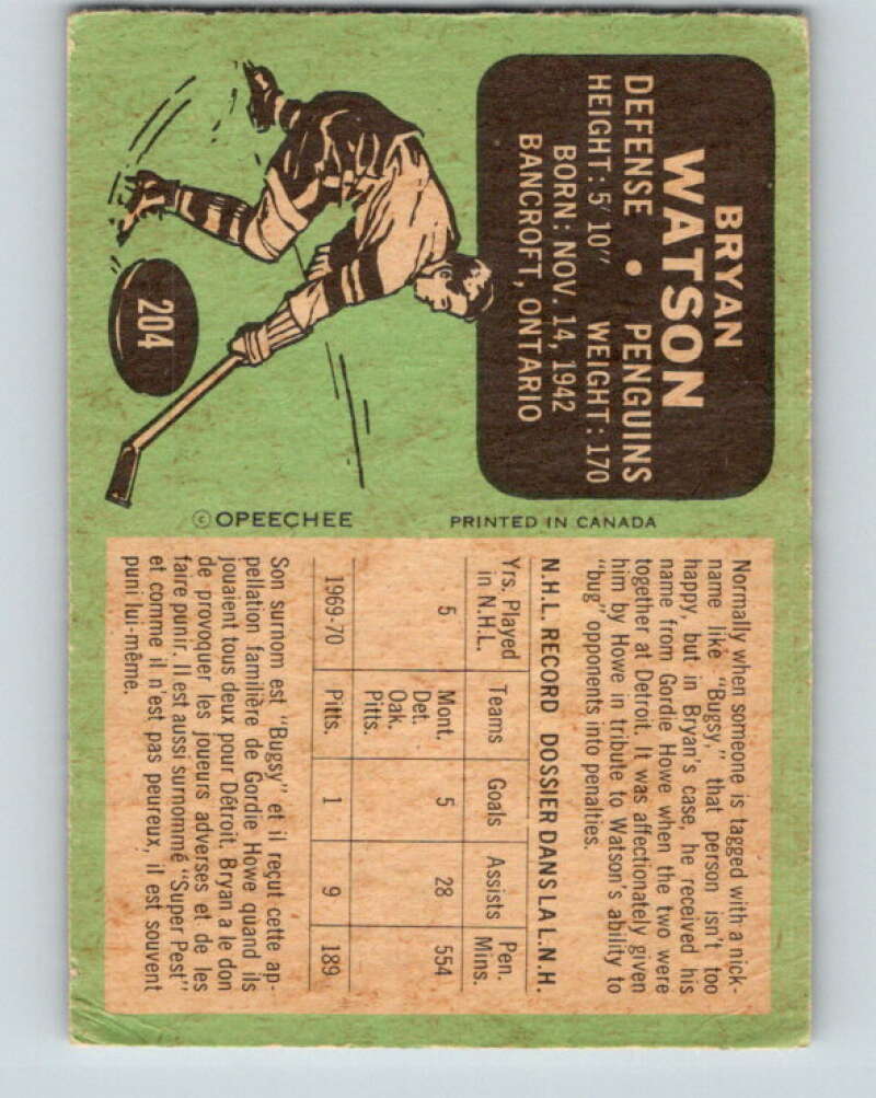 1970-71 O-Pee-Chee #204 Bryan Watson  Pittsburgh Penguins  V2966