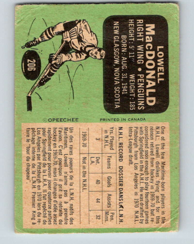 1970-71 O-Pee-Chee #206 Lowell MacDonald  Pittsburgh Penguins  V2972